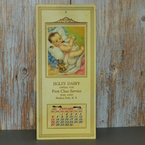 2 Piece Vintage Nostalgic Advertising Set Glass Milk Bottle 1935 Calendar - Picture 2 of 6